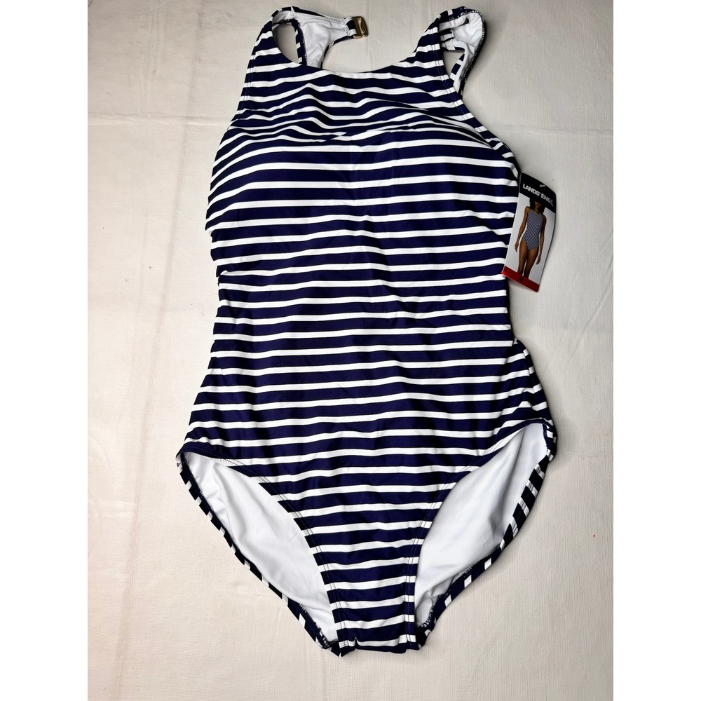 Lands End Women Navy Blue White Striped High Neck One Piece Swimsuit Size M NEW